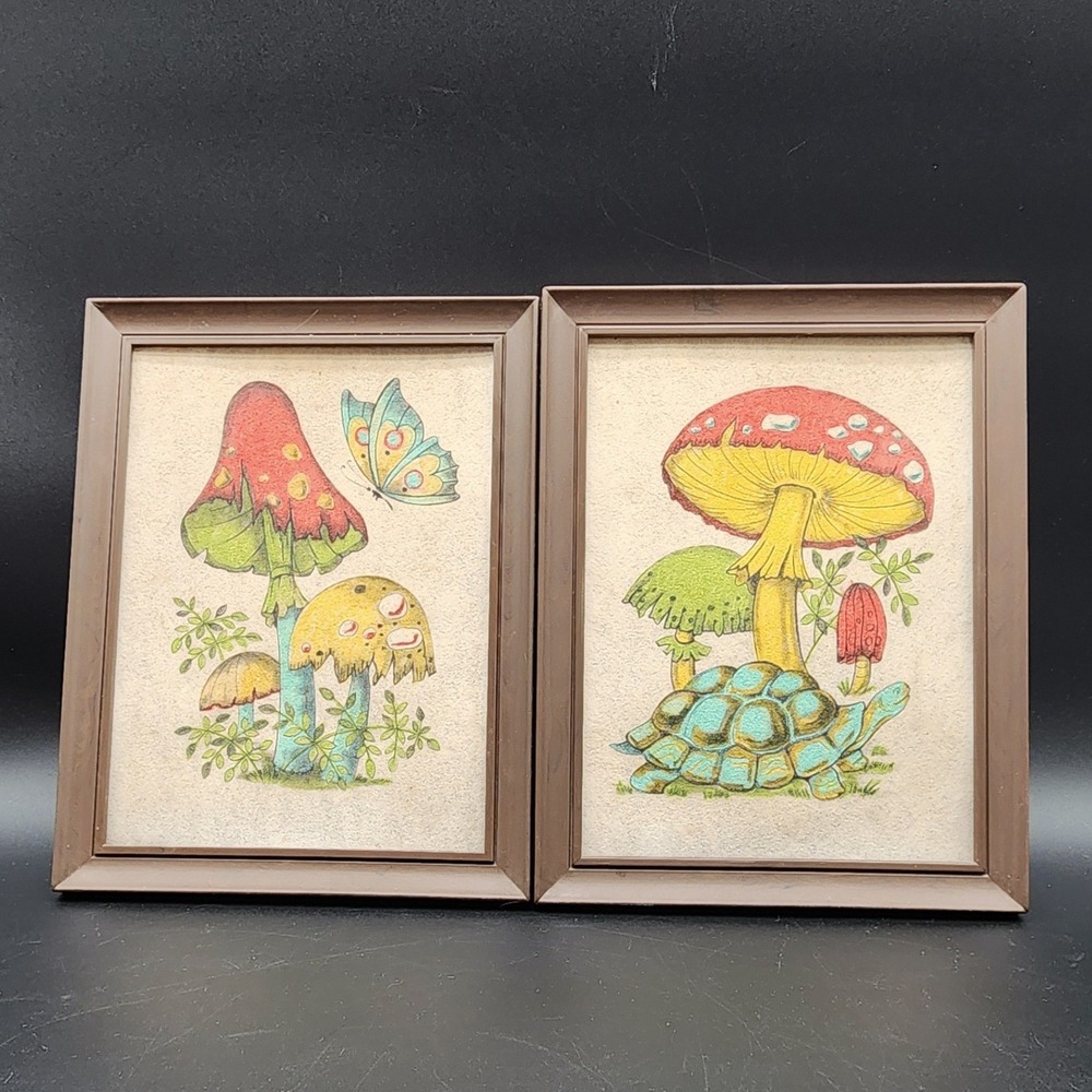 Nu-Dell 5x7 Brown Mushroom Turtle Butterfly Flocked Velvet Art Retro 70s Decor